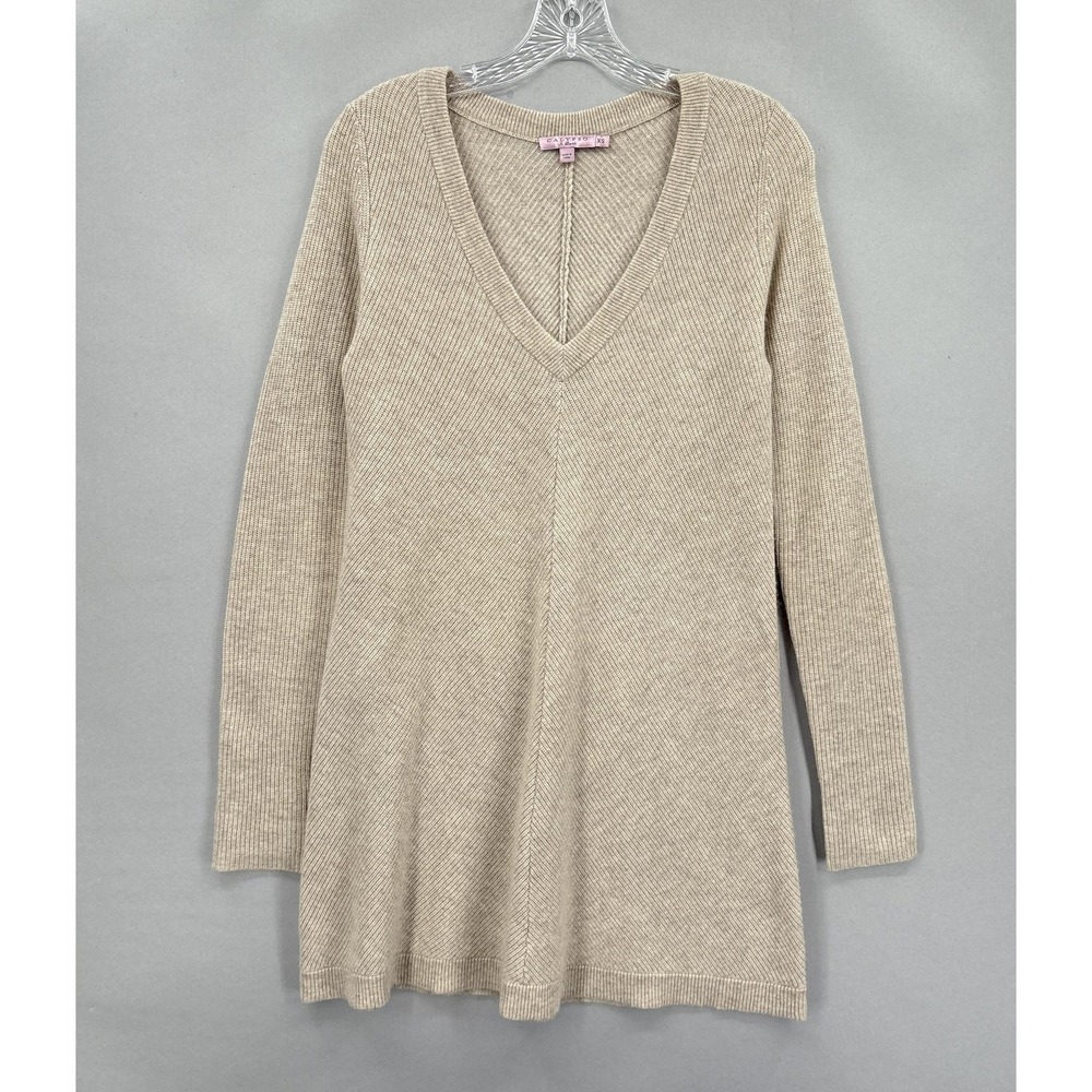 Calypso St. Barth Sweater XS Beige 100% Cashmere V‎ Neck Tunic Long Sleeve Soft